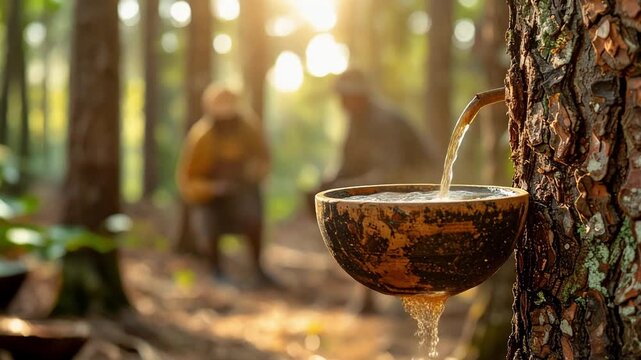 Natural Latex Dripping from a Rubber Tree into a Bowl with Farmers Working in a Sunlit Forest Plantation.
