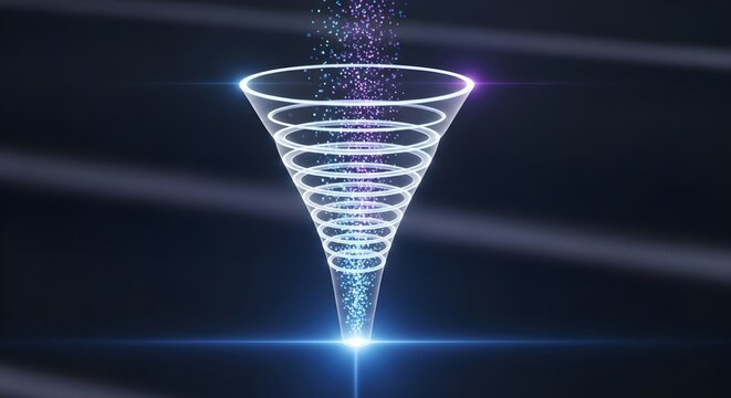 Spiral funnel with glowing particle flow into a point, representing conversion rate optimization and lead funnel visualization.