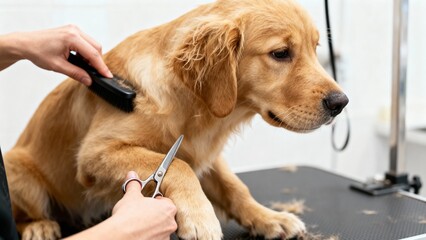 Professional groomer brushes fluffy Golden Retriever on grooming table