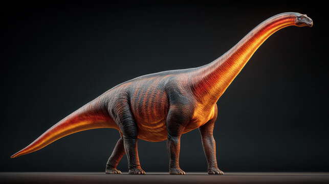 Brontosaurus dinosaur model with long neck and tail isolated on black background