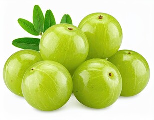 Pile of green amla fruits with delicate leafy sprig