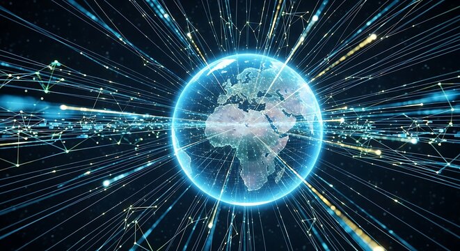 Digital world illustration featuring glowing globe and network connections