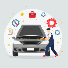 Mechanic repairing car engine in garage with tools and gears, ensuring vehicle maintenance and smooth operation, showcasing automotive expertise.