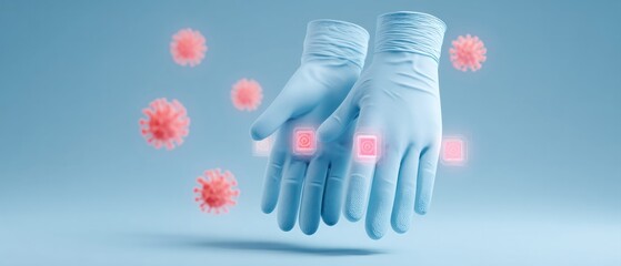 Protective gloves and virus particles healthcare setting digital illustration clean environment close-up view health awareness