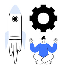 Rocket symbolizes progress, gear represents productivity, and meditating woman emphasizes mindfulness. Ideal for innovation, technology, entrepreneurship, work-life balance, focus, growth