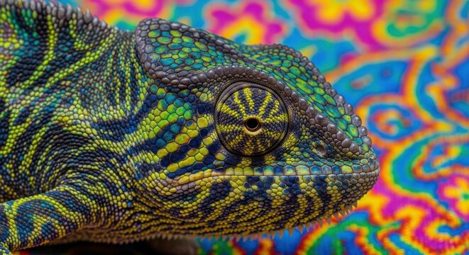Vibrant reptile exhibits intricate scale patterns against a psychedelic backdrop