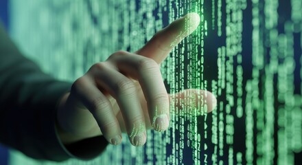 Human finger interacts directly with a digital stream of falling numeric code