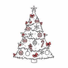 Festive hand-drawn illustration of a decorated Christmas tree with ornaments and a star on top, perfect for holiday designs