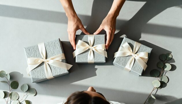 Overhead view of person arranging three gray gifts with cream ribbons