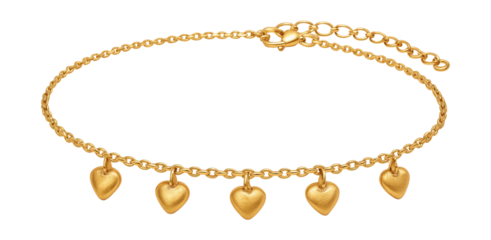 Gold anklet featuring small heart-shaped pendants.