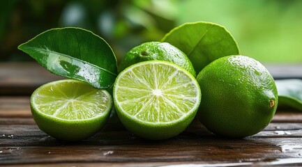 Fresh limes with leaves on a wooden surface
