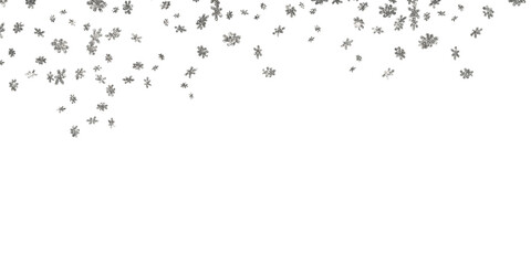 Snowflakes silver and stars border the isolated PNG illustration. Silver dust Snow particles create a magical winter backdrop for holiday projects,ads.