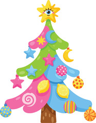 Naklejka premium Whimsical Christmas Tree: A vibrant and imaginative Christmas tree with an eye-catching star, adorned with colorful decorations, evoking a sense of joy and wonder.