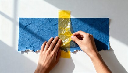 Person assembling Swedish flag with blue paper and yellow cellophane tape