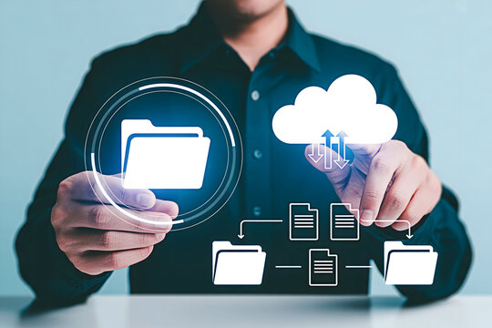 Person demonstrating cloud data storage and file management with digital icons and interface design