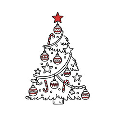 Festive Hand-Drawn Christmas Tree Decoration with Baubles, Stars, and Candy Canes in a Whimsical Style