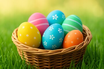 Fototapeta premium Colorful decorated easter eggs in woven basket on grass