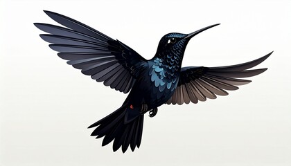 Obraz premium A stunning black hummingbird with iridescent blue feathers on its throat, captured mid-flight with its wings spread wide against a light grey background