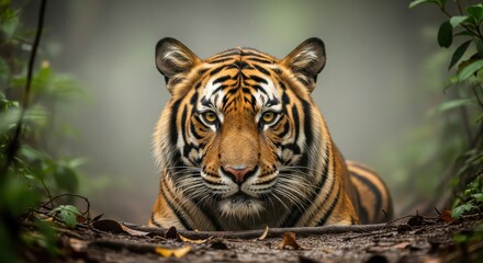 Obraz premium Majestic predator rests low on a forest trail amidst dense green foliage