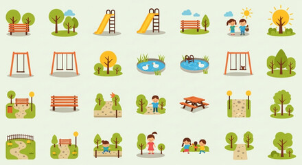 Colorful Urban Park Icons – Flat Vector Mini-Illustrations of Parks and Green Spaces