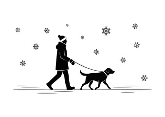 Person walking a dog in snowy weather, winter outdoor activity, vector illustration in black and white