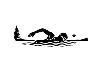 Silhouette of a freestyle swimmer in open water with a pine tree and maple leaf, representing an outdoor swimming concept