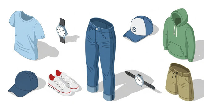 Casual Outfit Isometric Icon Set – T-Shirt, Jeans, Sneakers, Baseball
