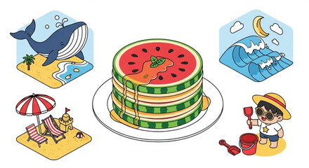 Isometric Summer Scenes Collection – Watermelon, Pancakes, Beach, Whale, Moon, Child Vector Illustration