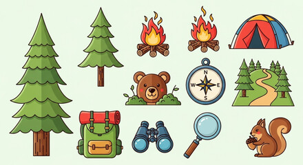 Forest Adventure Icons – Flat Vector Mini-Illustrations for Kids