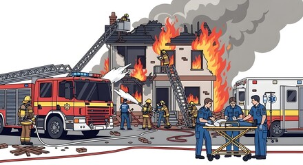 Emergency Rescue and Medical Aid at Burning House – Vector Illustration