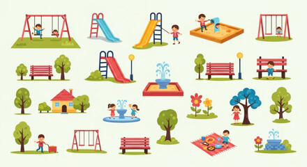 Colorful Urban Park Icons – Flat Vector Mini-Illustrations of Parks and Green Spaces