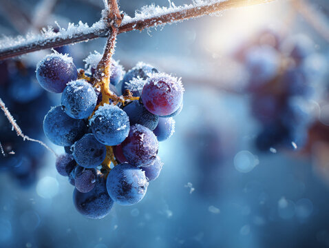Frozen dark grapes covered in frost on a vine during winter - Powered by Adobe