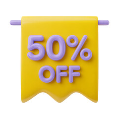 50_ Off sale Banner 3d icon in cartoon plastic style minimal isolated on transparent white background, clipping path