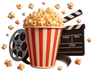 Cinema movie night popcorn and film reel with clapperboard and film strip entertainment isolated on a transparent background