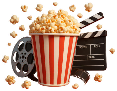 Cinema movie night popcorn and film reel with clapperboard and film strip entertainment isolated on a transparent background