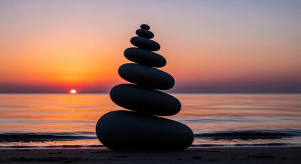 Stacked smooth stones stand in silhouette against a vibrant ocean sunset