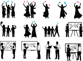 Celebration group, teamwork scene, festive moment, professional collaboration, silhouette style, colorful props, education board, idea sharing, unity gesture, flat vector