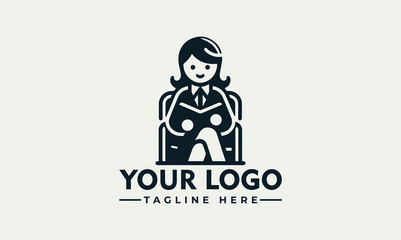 Professional woman reading a book vector logo illustration, business concept design
