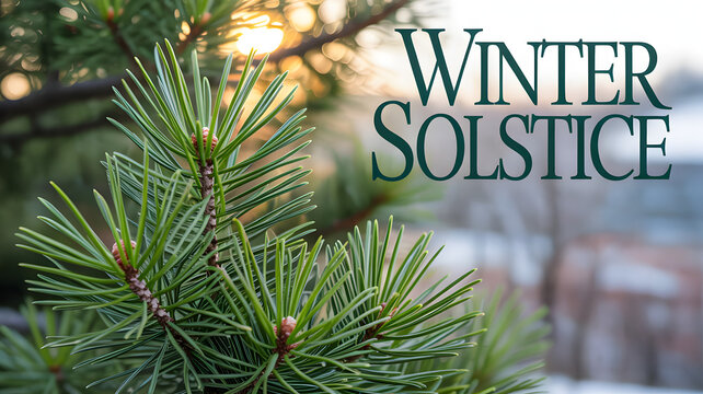 Winter solstice background with green pine needles in soft sunlight