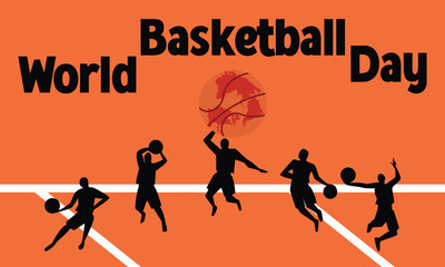 World Basketball Day. Celebration banner featuring a stylized basketball designed as a globe with continents and players.