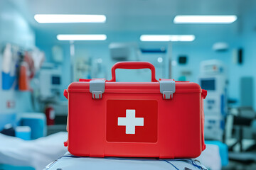 Red Emergency First Aid Kit with White Cross in Hospital Setting
