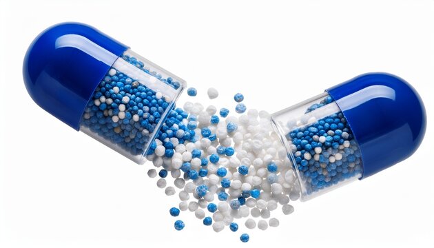 flying falling open capsule with blue and white granules isolated on transparent or white background