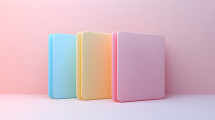 Three pastel colored rectangular objects against a pink background