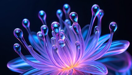 Close-up of a futuristic abstract flower made of iridescent liquid glass, glowing with neon purple and blue light on a dark background

