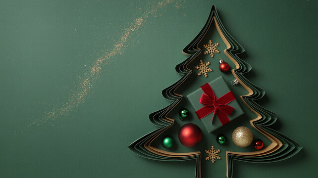 Festive Christmas tree design with gift box and baubles ornament