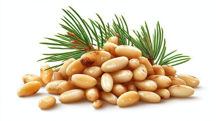 A pile of fresh pine nuts with a sprig of pine needles, a culinary delight