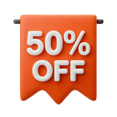 50_ Off sale Banner 3d icon in cartoon plastic style minimal isolated on transparent white background, clipping path