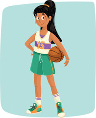A teenage girl with long black hair pulled back into a ponytail, wearing a tank top and shorts, holding a basketball.