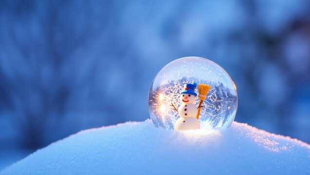 Close-up of a magical glowing snow globe with a smiling snowman resting on fresh snow against a blurred blue winter background at twilight.
