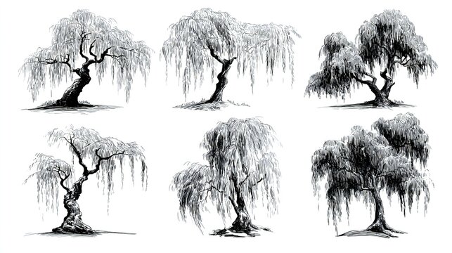 Weeping Willow Trees Collection: Hand-Drawn Botanical Illustrations, Sketch Art, Nature & Landscape Elements
